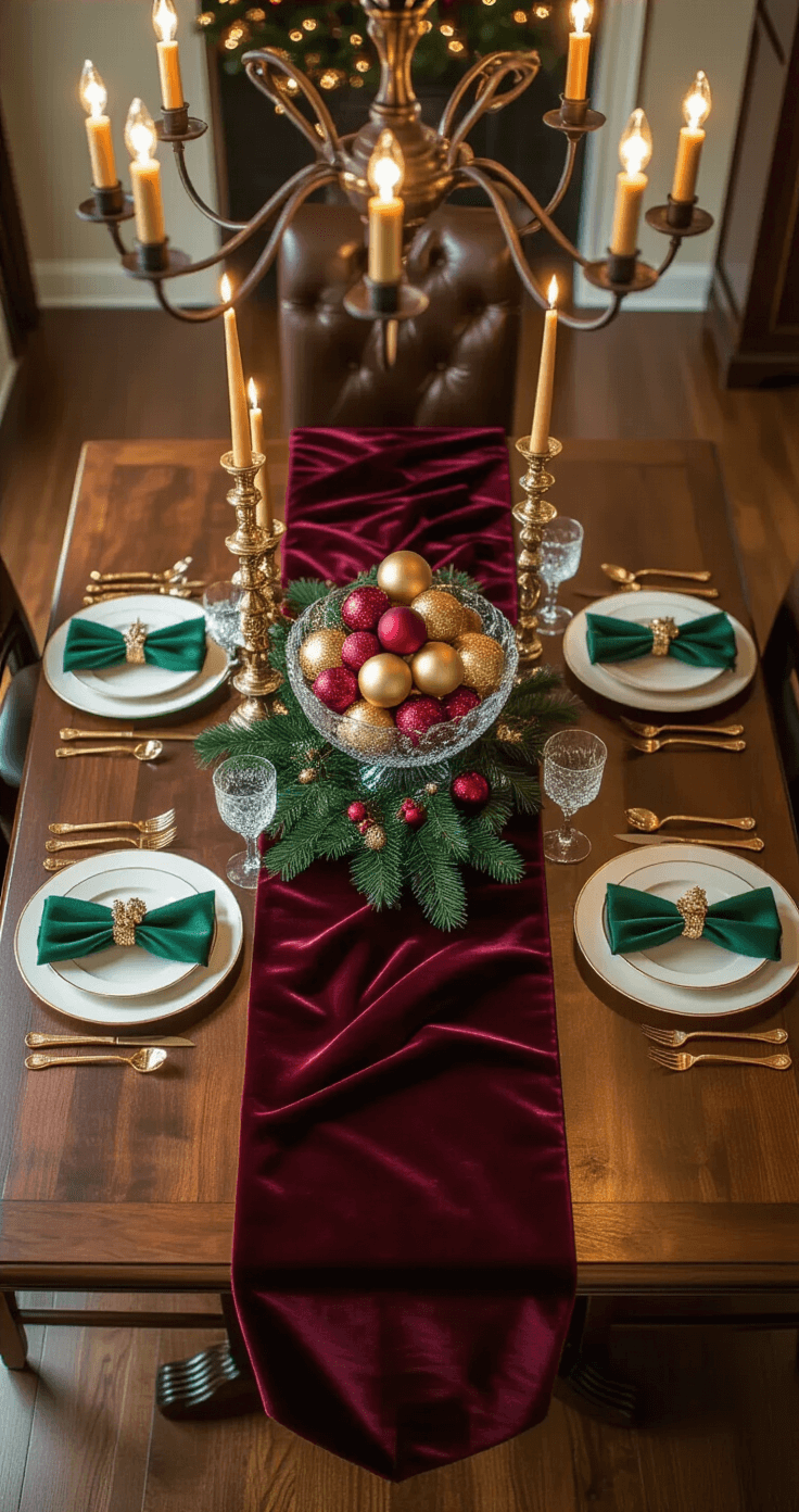 Magical Christmas Table Decor: Transform Your Holiday Gathering with Stunning Centerpieces Cinematic overhead view of an elegant Christmas dining room featuring a burgundy velvet table runner on a mahogany table, adorned with golden candles, cream charger plates, deep emerald napkins, and a crystal bowl filled with gold and crimson ornaments, all illuminated by warm amber light from a wrought iron chandelier.