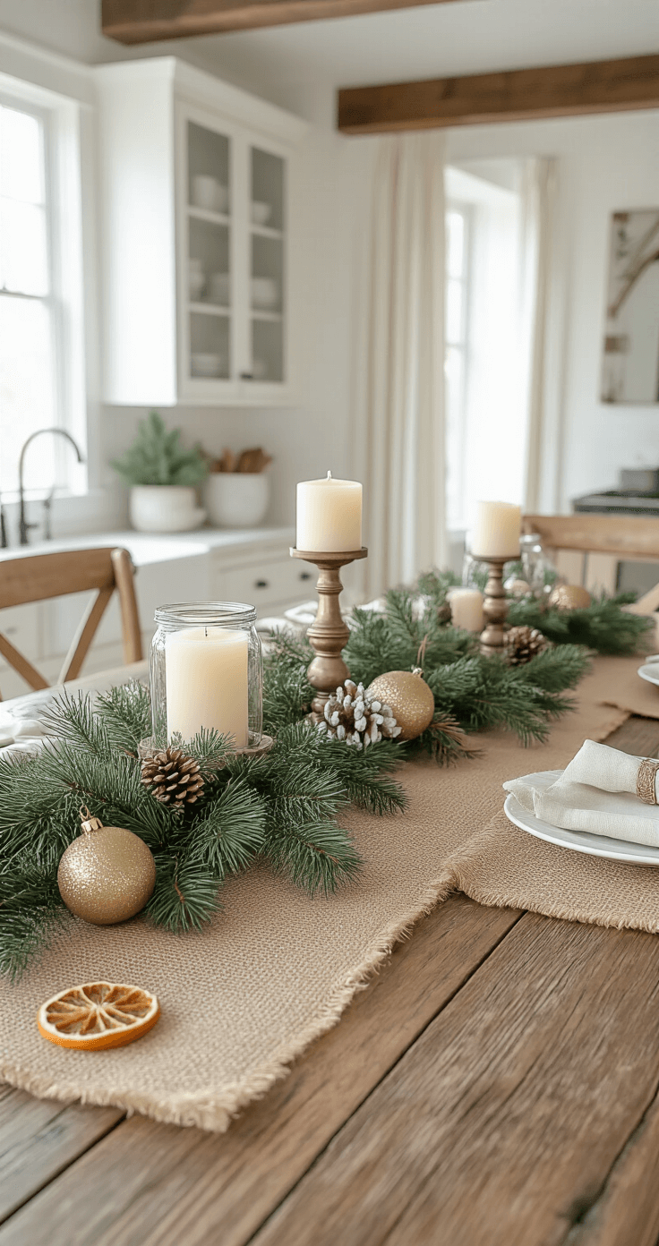 Magical Christmas Table Decor: Transform Your Holiday Gathering with Stunning Centerpieces Low-angle view of a rustic Christmas dining table adorned with greenery, burlap runner, cream candles in mason jars, brass ornaments, and dried orange slices, set against a softly lit kitchen backdrop with white cabinets and wooden beams.
