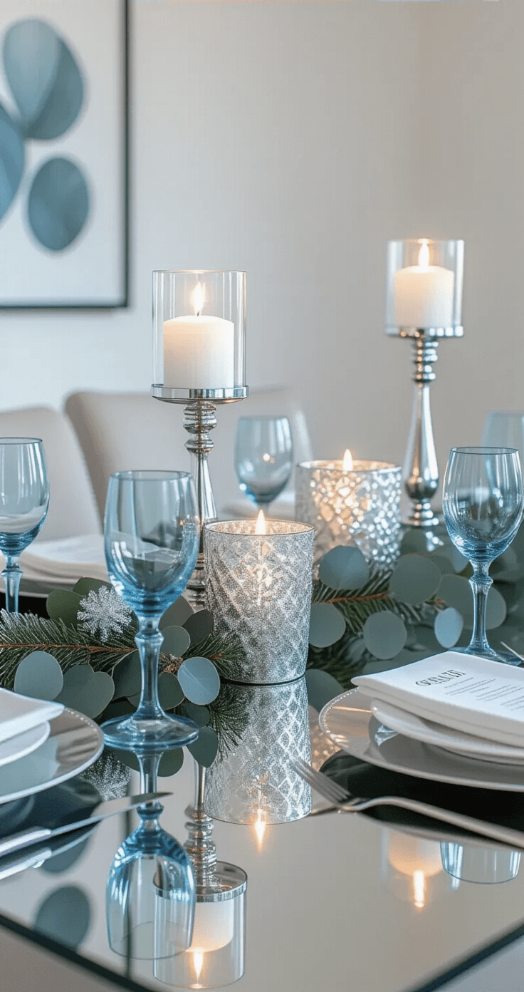Magical Christmas Table Decor: Transform Your Holiday Gathering with Stunning Centerpieces Wide-angle shot of a modern minimalist Christmas tablescape with silver and ice-blue accents, featuring a glass dining table reflecting geometric candle holders, floating candles, crystal ornaments in frosted vessels, and eucalyptus branches. The elegant setting includes platinum charger plates and translucent blue glasses, illuminated by cool-toned pendant lighting, against a backdrop of white walls and contemporary artwork.