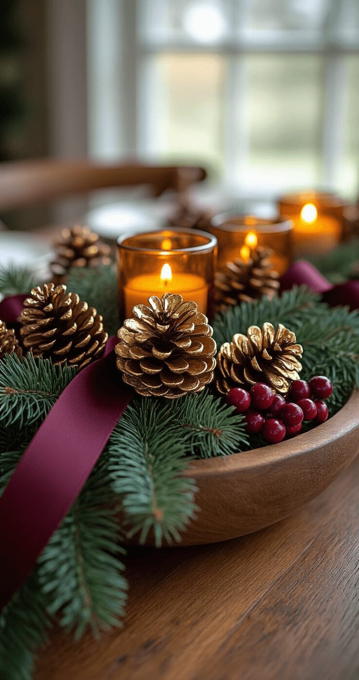 Magical Christmas Table Decor: Transform Your Holiday Gathering with Stunning Centerpieces Close-up shot of a handcrafted Christmas centerpiece featuring gold-spray-painted pinecones, dark green pine boughs, and burgundy ribbon in a wooden dough bowl, accented with cinnamon sticks and dried red berries, illuminated by flickering amber glass votive candles.
