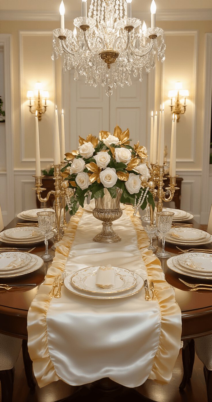 Magical Christmas Table Decor: Transform Your Holiday Gathering with Stunning Centerpieces Dramatic side-angle view of an elegant Christmas dining table, featuring a gold and white theme with a silk runner, brass candelabras, fine china, and a stunning floral arrangement in a silver urn, all set in a luxurious formal dining room illuminated by a crystal chandelier.