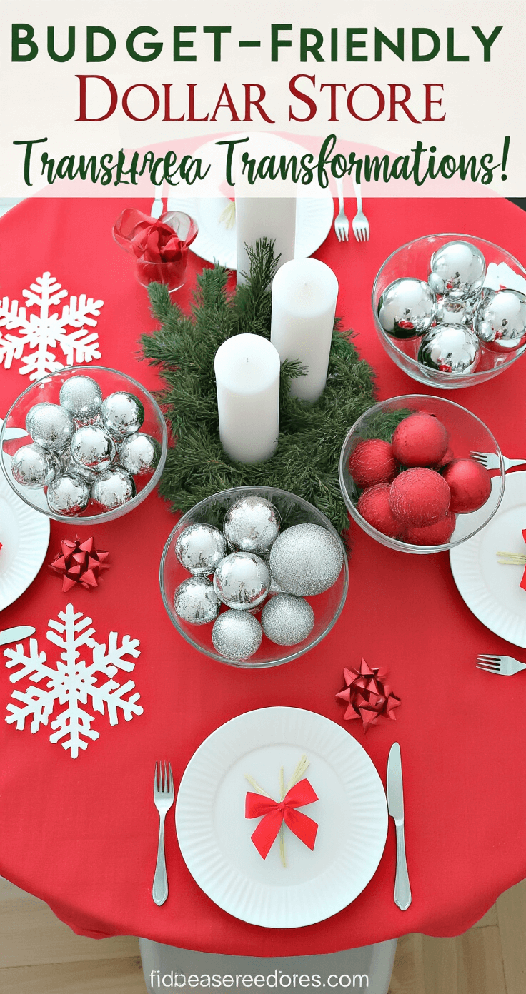 Magical Christmas Table Decor: Transform Your Holiday Gathering with Stunning Centerpieces Overhead shot of a creatively decorated budget-friendly Christmas table featuring a red tablecloth, clusters of glass ornaments in bowls, white pillar candles with greenery, handmade paper snowflakes, and ribbon bows on white plates, all illuminated by bright kitchen lighting in a home kitchen setting.