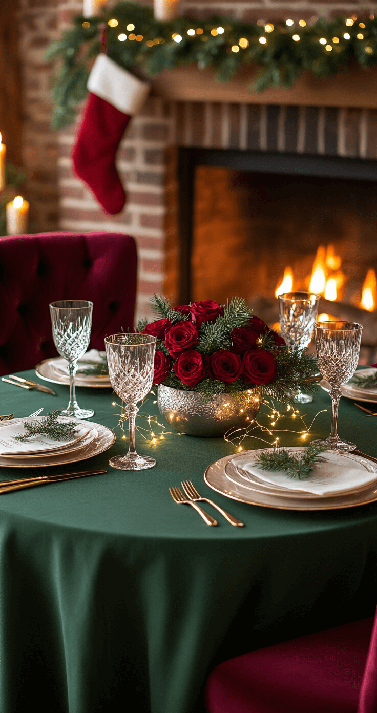 Magical Christmas Table Decor: Transform Your Holiday Gathering with Stunning Centerpieces Intimate Christmas table setting with red roses and pine centerpiece, fine crystal stemware, and gold-rimmed plates, framed by burgundy velvet chairs near a glowing fireplace adorned with stockings and garland, creating a romantic holiday ambiance.