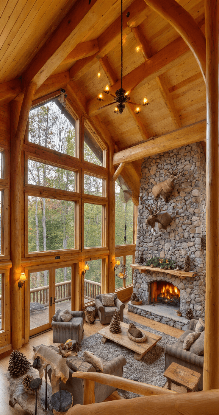 Magical Christmas Tree Decorations 2025: Your Ultimate Style Guide A spacious rustic great room in a mountain cabin with cathedral ceiling, featuring natural pine decor, woodland-themed accents, and a warm, glowing stone fireplace. The view is from a mezzanine level, capturing the cozy early evening ambiance.