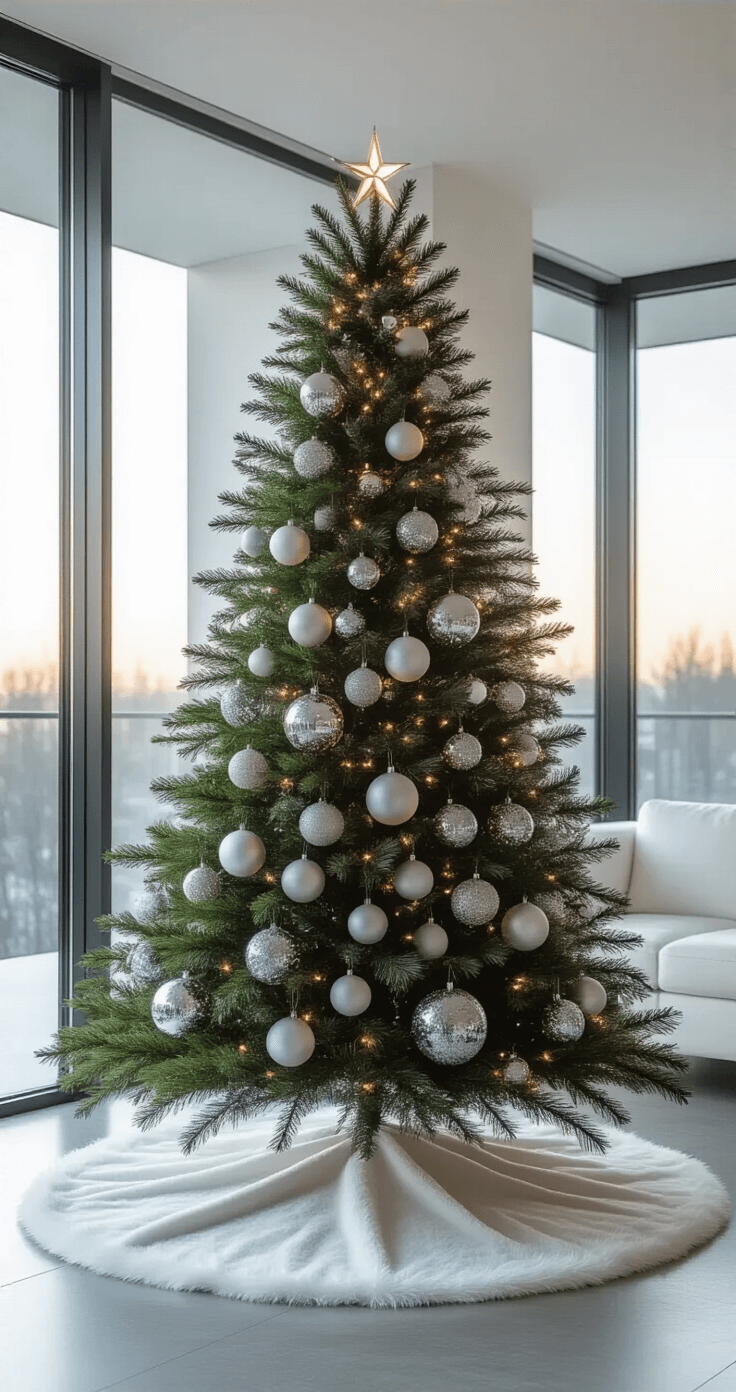 Deck the Halls: Your Ultimate Guide to Stunning Christmas Tree Themes A modern minimalist Christmas tree scene features a 9-foot noble fir adorned with white, silver, and gray ornaments in a contemporary open-plan space, surrounded by white leather furniture and concrete floors. Soft LED lights illuminate the tree, which is set on a white faux fur skirt, and floor-to-ceiling windows enhance the sophisticated atmosphere.