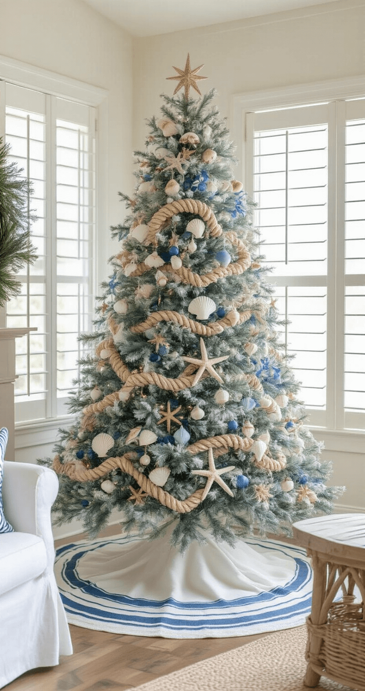 Deck the Halls: Your Ultimate Guide to Stunning Christmas Tree Themes A coastal-themed Christmas tree adorned with seashell ornaments and starfish decorations in a bright beach house living room, bathed in mid-morning golden light, with weathered wood furniture and dappled sunlight creating a relaxed, vacation-inspired atmosphere.