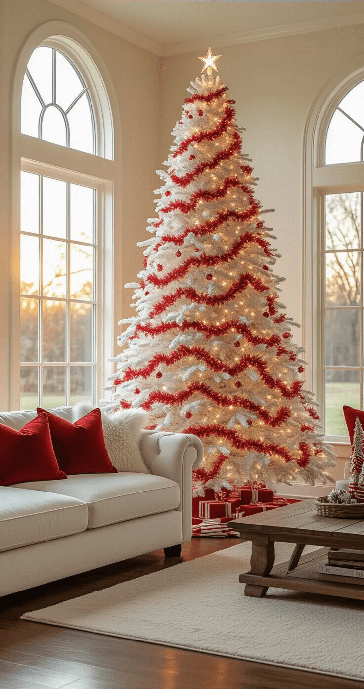How to Create a Magical Candy Cane Christmas Tree: A Sweet Styling Guide Photorealistic living room with a tall red and white candy cane Christmas tree, illuminated by warm lights, positioned by a large window, featuring hardwood floors, a cream sectional sofa, deep red throw pillows, and a woven jute rug, all bathed in golden hour light.