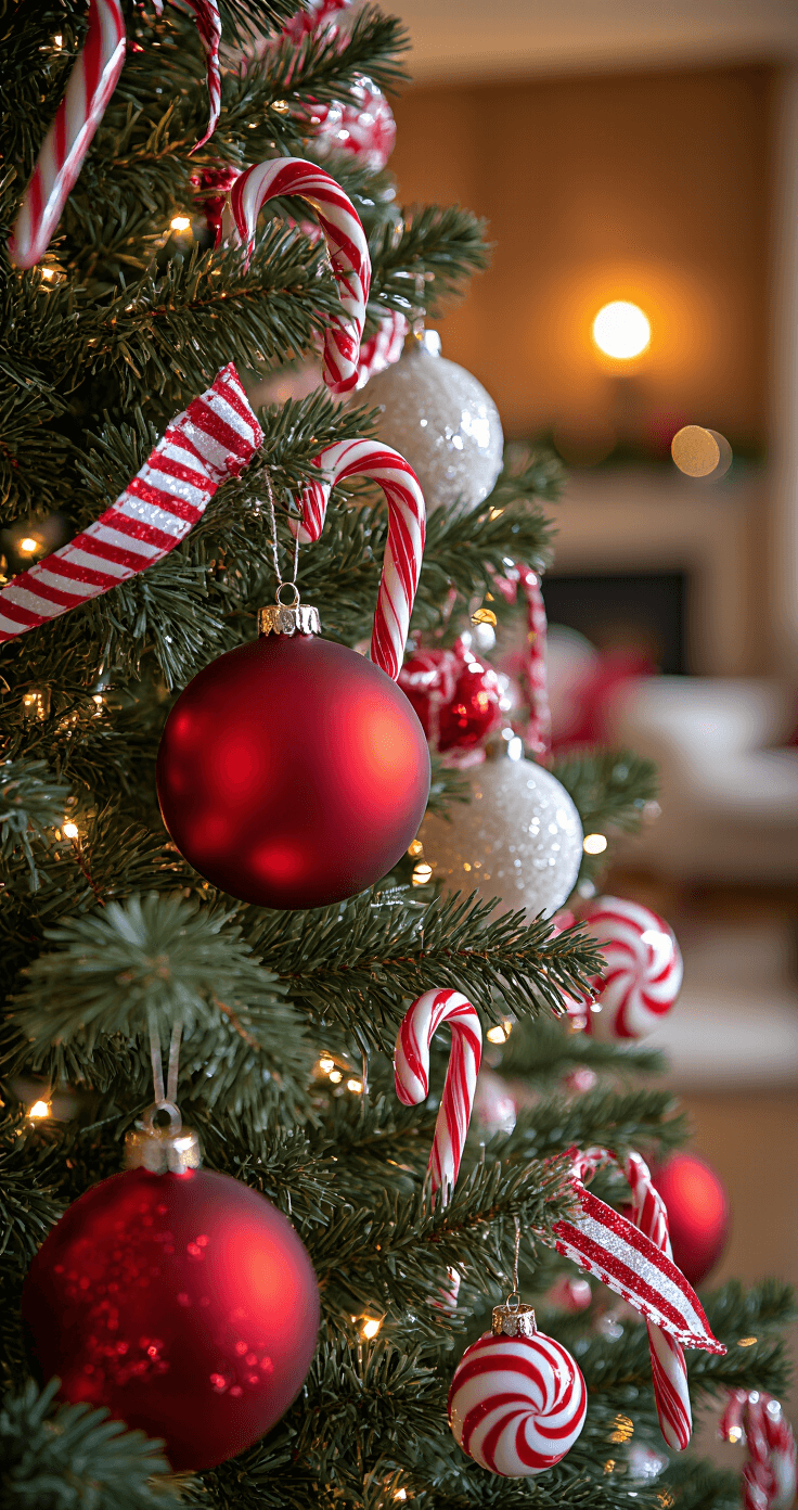 How to Create a Magical Candy Cane Christmas Tree: A Sweet Styling Guide Close-up view of a candy cane themed Christmas tree, showcasing large red ball ornaments, white baubles, and candy cane glass ornaments. Red and white striped ribbon weaves through the branches under warm LED lighting. The softly blurred background features a cozy living room with wooden panels, enhanced by golden hour lighting and bokeh effects on the decorations.