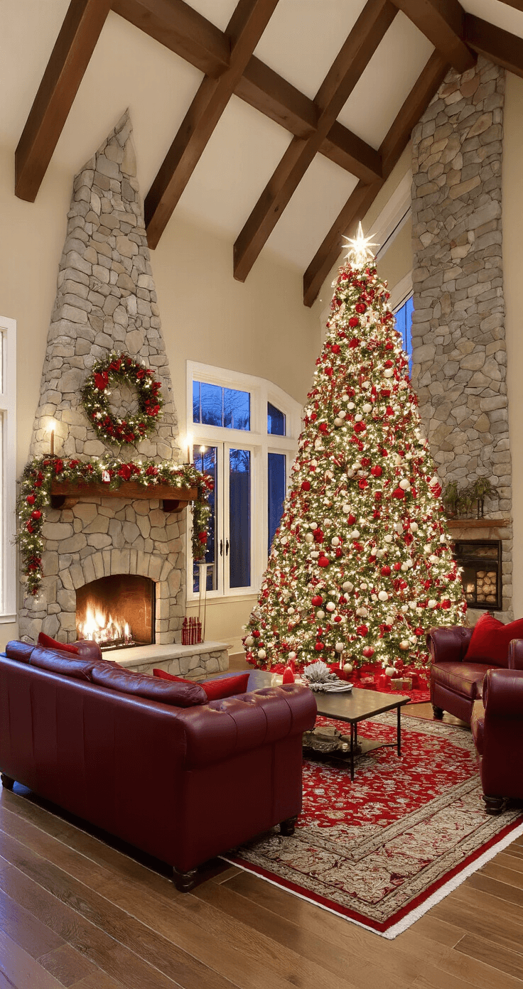 How to Create a Magical Candy Cane Christmas Tree: A Sweet Styling Guide Expansive family room featuring a corner-positioned candy cane Christmas tree near a stone fireplace, with plush burgundy leather furniture, a Persian rug, and warm ambient lighting, creating a cozy holiday atmosphere.