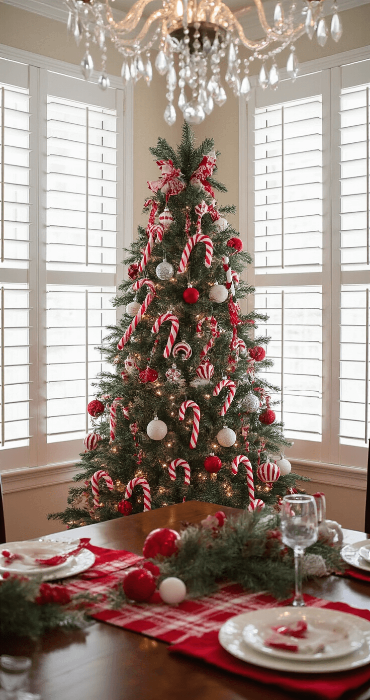 How to Create a Magical Candy Cane Christmas Tree: A Sweet Styling Guide A sophisticated dining room featuring a 6-foot artificial candy cane tree decorated with DIY ornaments and store-bought pieces, positioned between tall windows with white plantation shutters. A mahogany dining table displays a red and white table runner, and a crystal chandelier casts dramatic lighting, while late afternoon sunlight creates striped shadows on the hardwood floors.