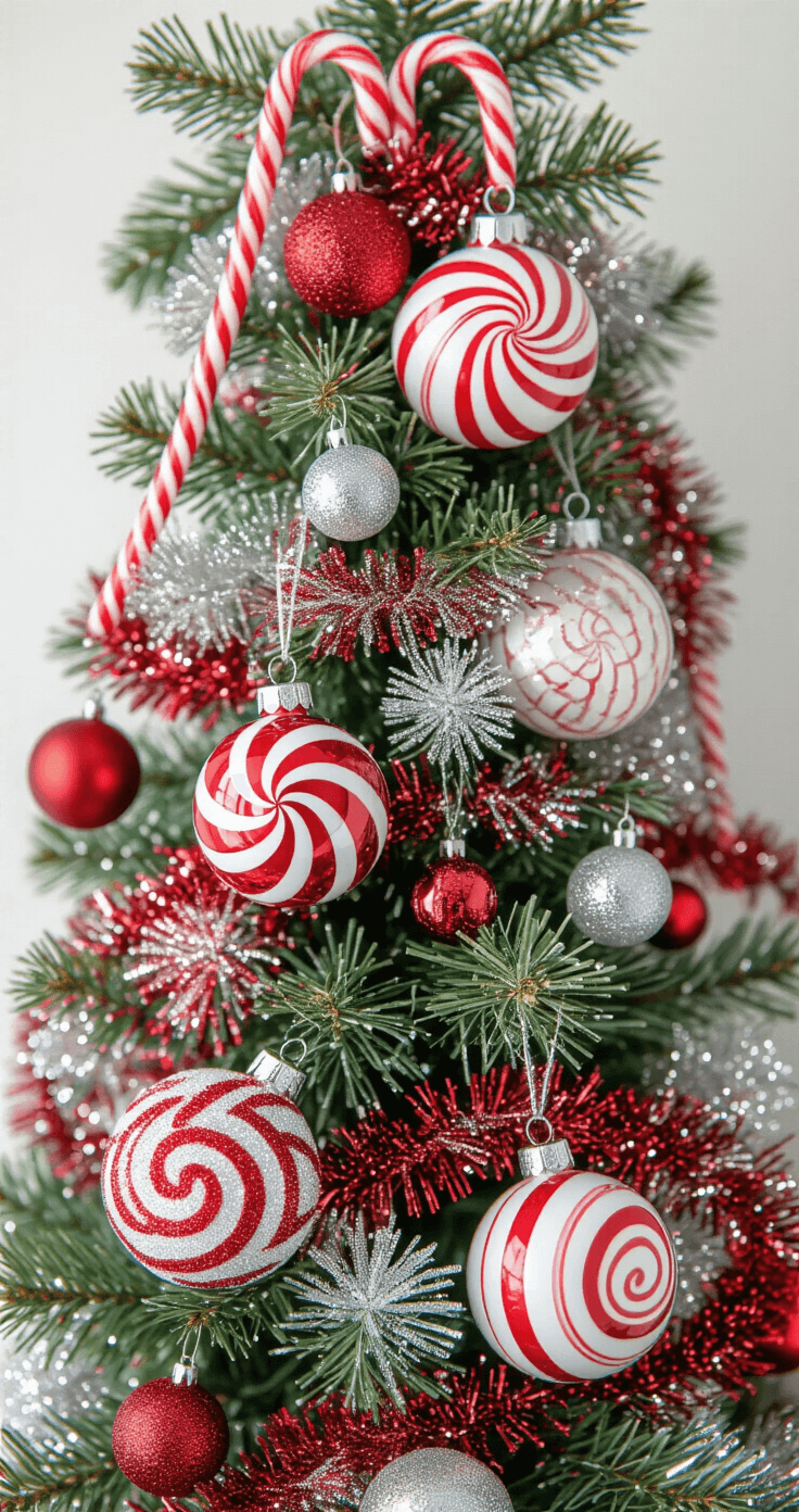 How to Create a Magical Candy Cane Christmas Tree: A Sweet Styling Guide Close-up of candy cane Christmas tree ornaments with a mix of glossy and matte red and white balls, fluffy tinsel garlands, and sequined ribbons. The scene features glittery peppermint swirls and metallic silver accents, all beautifully lit with a studio-quality setup, emphasizing texture and rich colors against a blurred background.