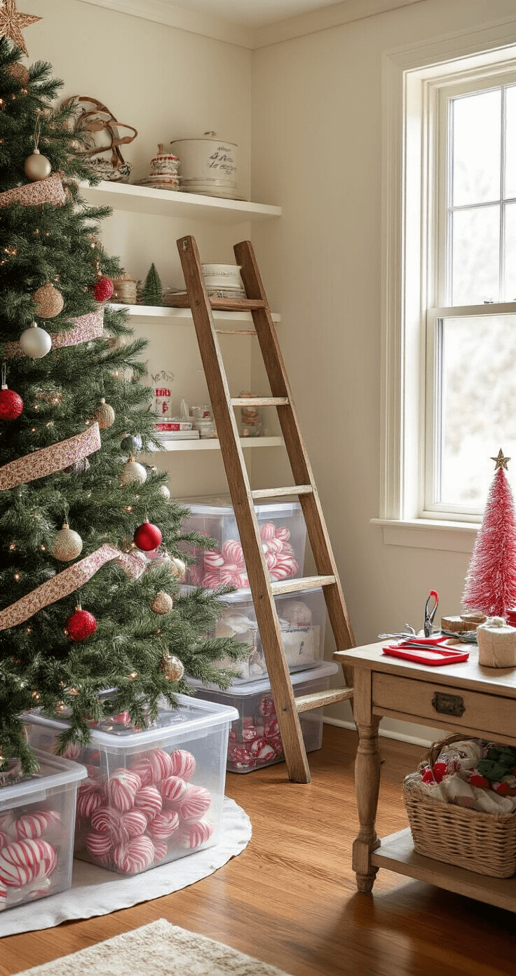How to Create a Magical Candy Cane Christmas Tree: A Sweet Styling Guide Cozy family room corner with organized holiday storage, featuring compartment boxes of wrapped ornaments, a partially decorated candy cane Christmas tree, a wooden ladder, and a side table with a glue gun and wire cutters, illuminated by soft morning light.