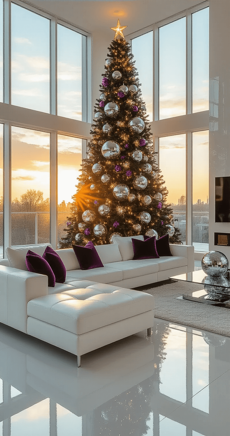 A modern glam living room featuring a spacious layout with a 9ft Christmas tree adorned with disco ball ornaments, a white sectional couch with jewel-toned pillows, and metallic sculptures on glass shelves, all illuminated by warm golden hour sunlight streaming through floor-to-ceiling windows.
