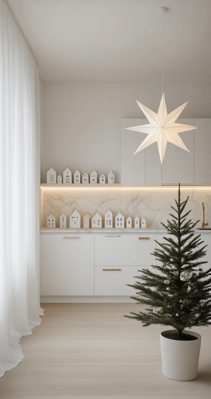 A minimalist Nordic kitchen featuring clean lines, matte white cabinets with brass handles, and marble countertops, illuminated by morning light streaming through sheer curtains. A floating shelf displays white ceramic Christmas houses with hidden LED lighting, while a large paper star pendant light hangs above. A slim Norfolk pine adorned with simple ornaments adds warmth to the space.