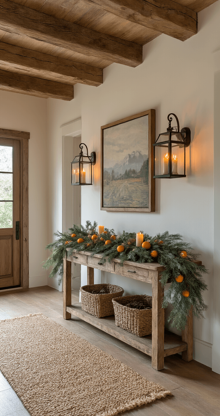 A cozy 10x12ft entry foyer featuring exposed wooden beams and warm late afternoon lighting, with a vintage console table adorned with a hand-tied garland of pine, eucalyptus, and dried orange slices. Oversized iron lanterns with flickering LED candles flank the door, while a woven jute runner leads to weathered oak stairs, captured at eye level with a slight Dutch angle for an intimate atmosphere.