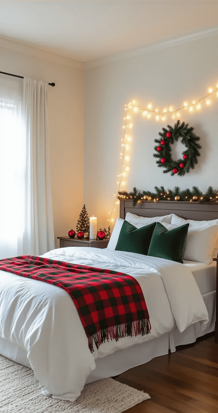 Transform Your Bedroom into a Magical Christmas Sanctuary Photorealistic bedroom interior featuring a budget-friendly Christmas transformation, with a queen bed dressed in white linens and a red plaid throw, set against white walls and hardwood floors. Warm natural light illuminates the space through sheer curtains, highlighting fairy lights on the headboard, elegant nightstands with candles, and festive decorations on the dresser, all contributing to a cozy, intimate atmosphere.