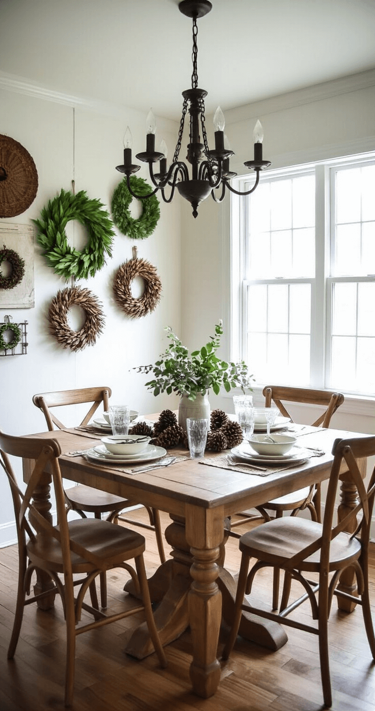 A bright and inviting 14x16ft dining room featuring a farmhouse table under a vintage chandelier, adorned with handmade pinecone centerpieces and transformed dollar store glasses. A gallery wall of varying DIY wreaths adds character, all captured from table height to highlight place settings and details, with natural light illuminating the space.