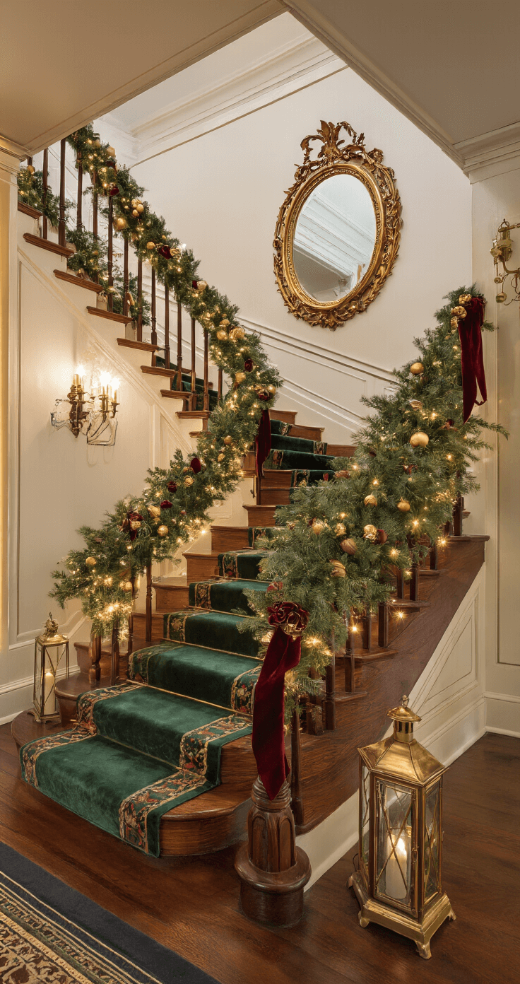 Magical Christmas Decor Ideas for 2025: Transform Your Home into a Festive Wonderland A low-angle view of a Victorian staircase hall featuring a 16ft ceiling with ornate molding. Dusk lighting is enhanced by twinkle lights, illuminating an elaborate garland of deep burgundy velvet ribbons, fresh pine, and gold baubles along the bannister. An oversized antique mirror reflects the warm lighting, while vintage brass lanterns adorn the newel posts. The rich wooden steps are covered with a deep emerald runner, creating a moody evening atmosphere filled with glowing warm accents.