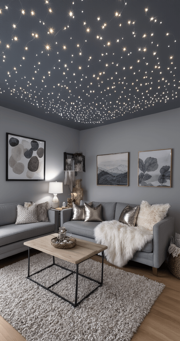 A cozy 16x18ft living room at dusk, featuring an affordable gray sofa adorned with luxurious metallic throw pillows and faux fur blankets. Smartly installed string lights create a starry ceiling effect, while Target-sourced decor is arranged in sophisticated vignettes. The image is captured from a slight elevation, showcasing a warm ambiance with mixed lighting.