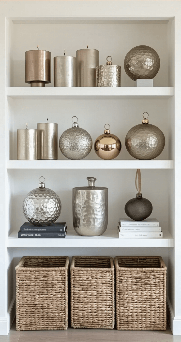 Bright and airy sitting room featuring a collection of metallic candleholders and unique ornaments on built-in shelving, illuminated by morning light, with a clean white backdrop and varying heights for visual interest.