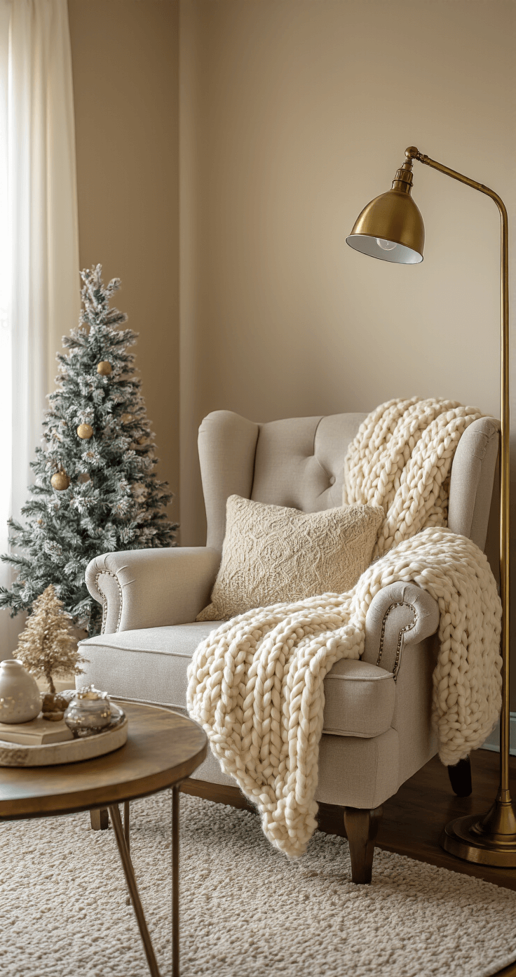 A cozy 8x10ft reading nook featuring a plush armchair with a chunky knit throw, a vintage brass floor lamp, and a decorated miniature tree, all beautifully lit by golden hour sunlight, with a styled coffee table and soft background blur.