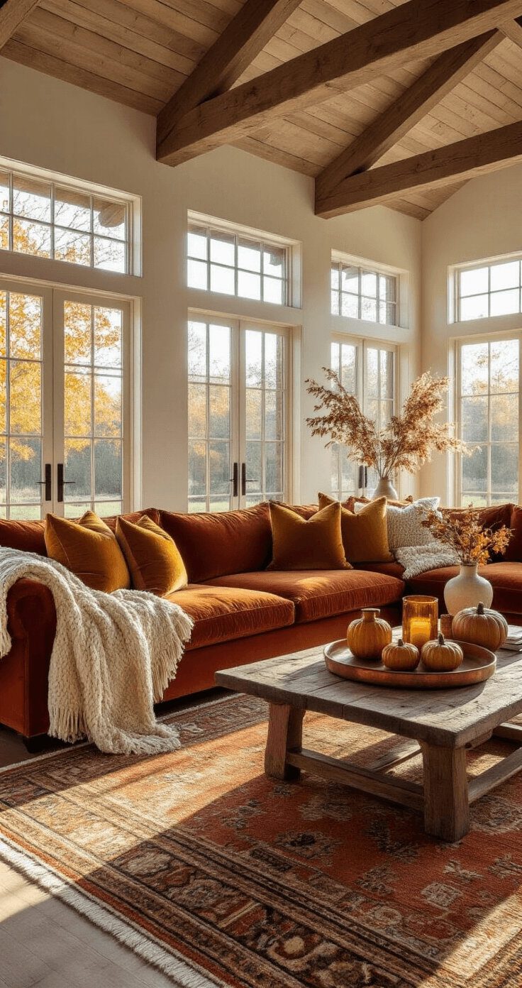 Cozy Fall Decor Ideas: Transform Your Home into an Autumn Haven A sunlit living room with exposed wooden beams, golden hour light streaming through floor-to-ceiling windows, featuring a rust-colored velvet sofa with cream throws and mustard pillows, layered vintage rugs, and a coffee table adorned with ceramic pumpkins and candleholders, all rendered in a soft bokeh effect.