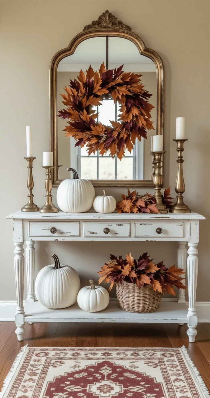 Cozy Fall Decor Ideas: Transform Your Home into an Autumn Haven A cozy entryway featuring a distressed white console table against a warm greige wall, adorned with white ceramic pumpkins, brass candlesticks, and a lush autumn wreath. A large antiqued mirror reflects natural light, complementing the rich wooden flooring and a vintage runner in muted fall tones.