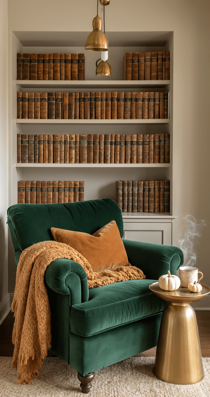 Cozy Fall Decor Ideas: Transform Your Home into an Autumn Haven A cozy reading nook with a deep forest green velvet armchair draped in a caramel-colored throw, surrounded by built-in shelving of leather-bound books, a small brass side table holding a steaming cup of cider and mini white pumpkins, all bathed in warm afternoon light from a pendant light.