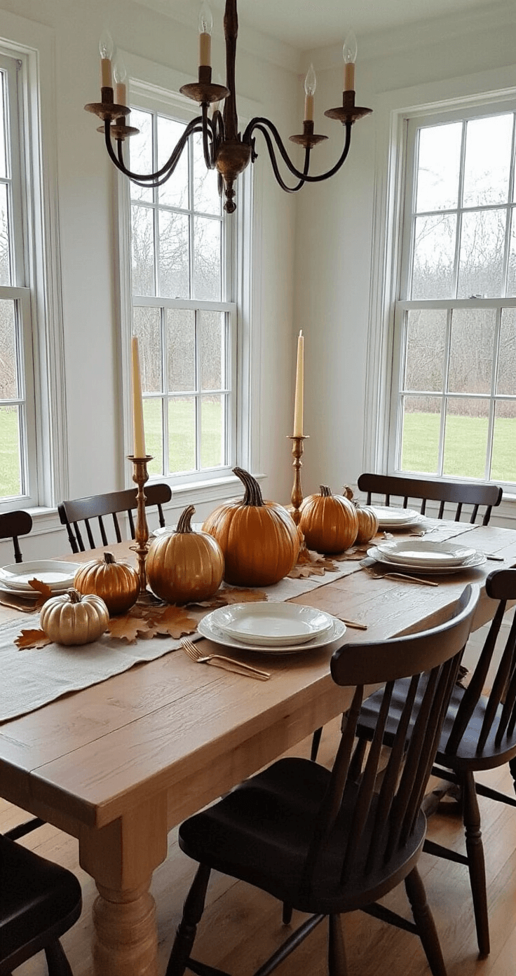 Cozy Fall Decor Ideas: Transform Your Home into an Autumn Haven A cozy dining room featuring an 8' farmhouse table with a natural linen runner, adorned with amber glass pumpkins, brass candlesticks with ivory tapers, and scattered oak leaves, all under soft window light and candlelight, enhanced by vintage walnut Windsor chairs.