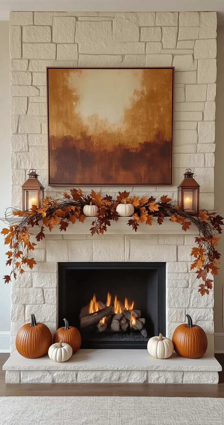 Cozy Fall Decor Ideas: Transform Your Home into an Autumn Haven A dusk shot of a limestone fireplace adorned with an asymmetrical autumn arrangement featuring copper lanterns, cream ceramic pumpkins, twisted grapevine, and burgundy maple leaves, with a large abstract canvas in rust and gold tones above, illuminated by dramatic uplighting.