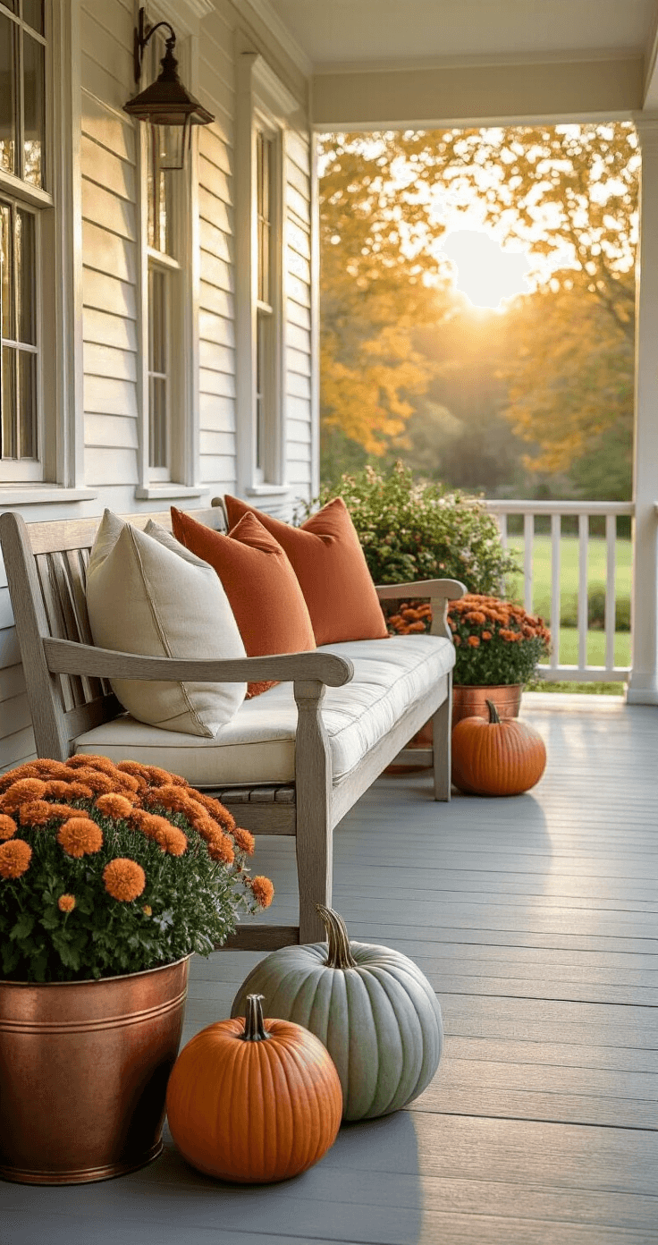 Cozy Fall Decor Ideas: Transform Your Home into an Autumn Haven A front porch scene at golden hour featuring a vintage wooden bench with cream cushions and rust-colored pillows, adorned with heirloom pumpkins in sage, cream, and terra cotta, alongside potted mums in copper planters, with morning dew sparkling on the natural elements.