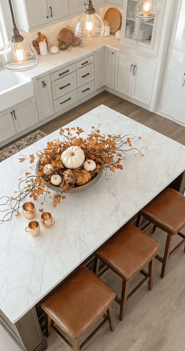 Cozy Fall Decor Ideas: Transform Your Home into an Autumn Haven Aerial view of a marble kitchen island featuring a gathered fall centerpiece in a weathered dough bowl, adorned with white mini pumpkins, copper moscow mule mugs, and twisted vine garland, complemented by warm lighting, pendant lights, and rich wooden bar stools with cognac leather seats.