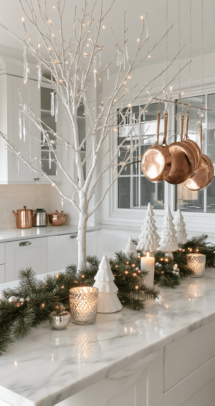 Magical Christmas Decor Ideas for 2025: Transform Your Home into a Festive Wonderland A modern minimalist kitchen featuring a white marble island and counters, adorned with copper pots and simple holiday decorations. A white tree with clear icicles and warm lights stands in the corner. The image captures the kitchen from the height of the island, highlighting the depth and reflection of the tree in the window, with warm, crisp lighting.