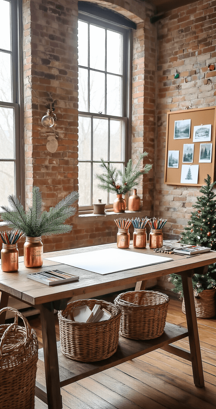 How to Draw a Christmas Tree: A Fun and Easy Step-by-Step Guide A cozy artist's studio filled with natural light, featuring a rustic drafting table surrounded by art supplies, holiday decorations, and a small decorated tree.