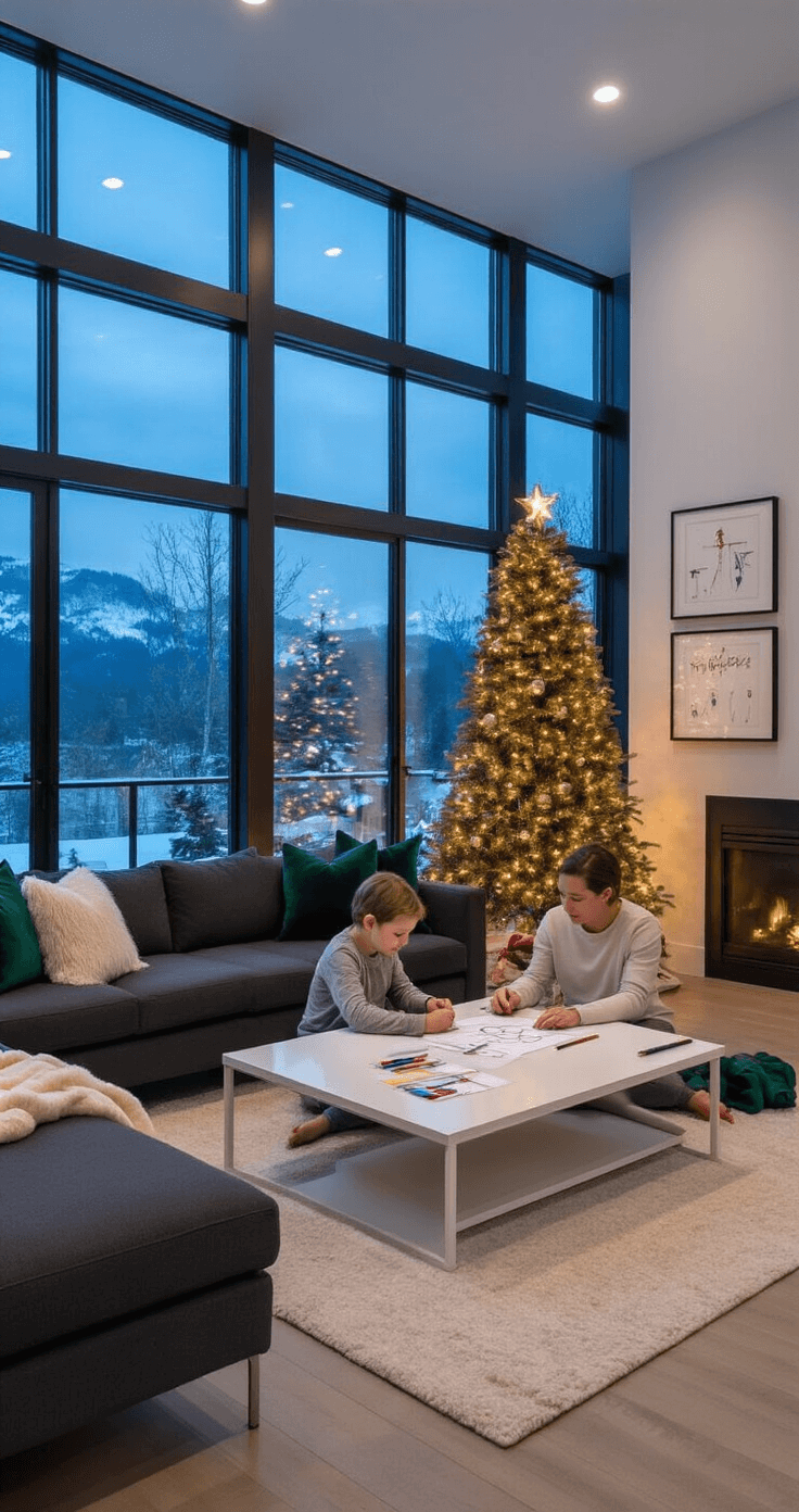 How to Draw a Christmas Tree: A Fun and Easy Step-by-Step Guide A spacious contemporary family room featuring floor-to-ceiling windows with snowy twilight views. A parent and child are engaged at a sleek white coffee table with drawing supplies, while a clean-lined charcoal sofa adorned with emerald pillows and a cream throw anchors the space. Their Christmas tree drawings are showcased on a minimalist gallery wall, all illuminated by a mix of cool blue evening light and warm interior LEDs, captured from a high corner angle.