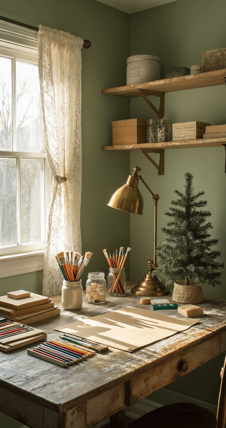 How to Draw a Christmas Tree: A Fun and Easy Step-by-Step Guide A vintage craft room with sage green walls, built-in shelving, and a farmhouse table covered in art supplies, illuminated by golden afternoon light filtering through lace curtains. Mason jars with paintbrushes and a mini Christmas tree enhance the nostalgic atmosphere, while a brass desk lamp provides warm lighting.