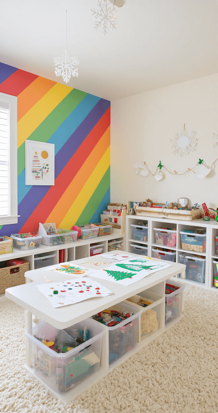 How to Draw a Christmas Tree: A Fun and Easy Step-by-Step Guide Cheerful children's playroom featuring a rainbow-striped accent wall, plush cream carpet, and a kid-height craft table covered in Christmas tree drawings. Storage cubbies filled with art supplies, with fairy lights and paper snowflakes hanging from the ceiling. Bright, even lighting captured from a child's eye level.