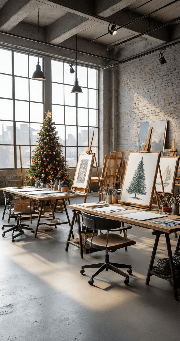 How to Draw a Christmas Tree: A Fun and Easy Step-by-Step Guide A high-end professional art studio featuring a spacious industrial loft with concrete floors and metal beams, illuminated by dramatic track lighting. The layout showcases multiple workstations equipped with professional art supplies, while an example Christmas tree artwork displayed on easels highlights various techniques. Large north-facing windows provide soft, indirect light, enhancing the textures in the space. The image is captured from an elevated angle to emphasize the workflow.