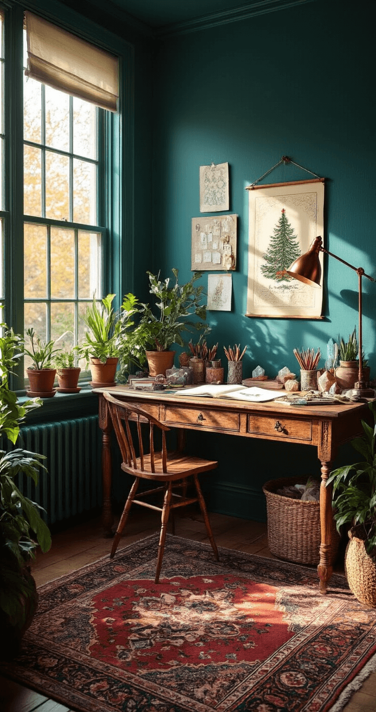 How to Draw a Christmas Tree: A Fun and Easy Step-by-Step Guide A cozy bohemian home office featuring deep teal walls, a vintage Persian rug, and a wooden desk adorned with drawing supplies, crystals, and potted plants, illuminated by golden hour light. A traditional Christmas tree illustration book is open nearby, and a copper floor lamp provides accent lighting, captured at desk level with shallow depth of field and rich shadows.