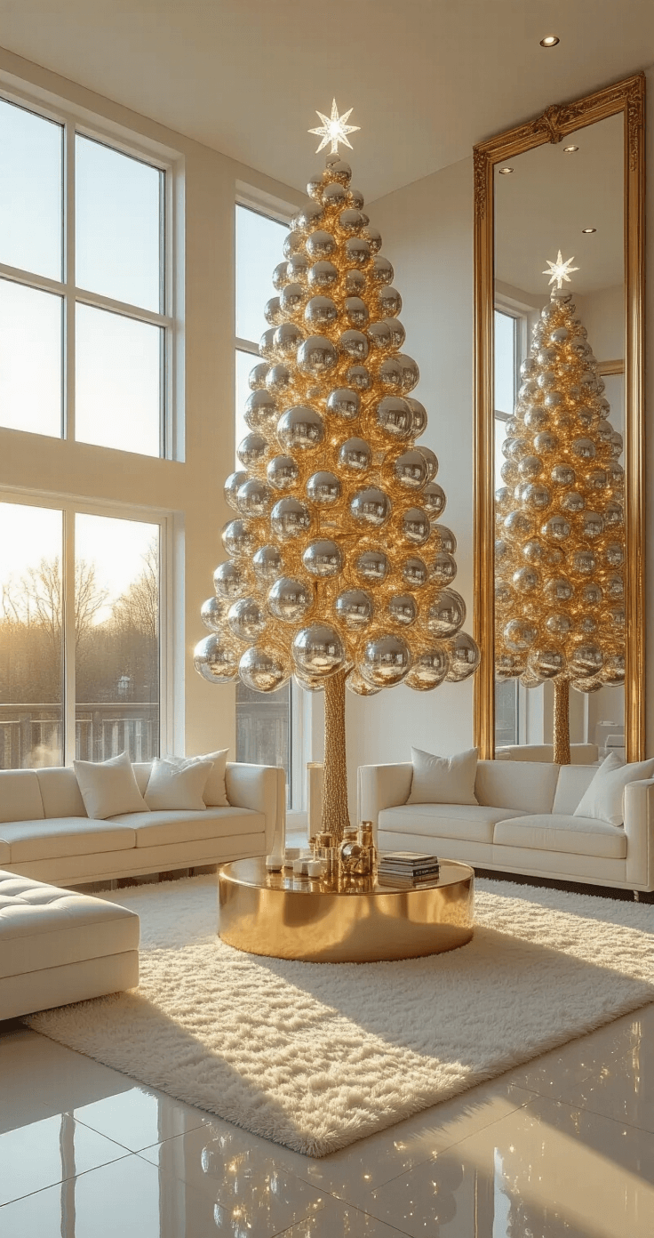 Christmas Tree Trends 2025: Unleash Your Festive Creativity A contemporary living room with high ceilings, featuring a slim metallic tree decorated in a gold-to-silver gradient, reflecting in a gilt mirror. Sunlight streams through large windows, illuminating disco ball ornaments and creating a dreamy atmosphere with a plush cream carpet and modern white sofa.