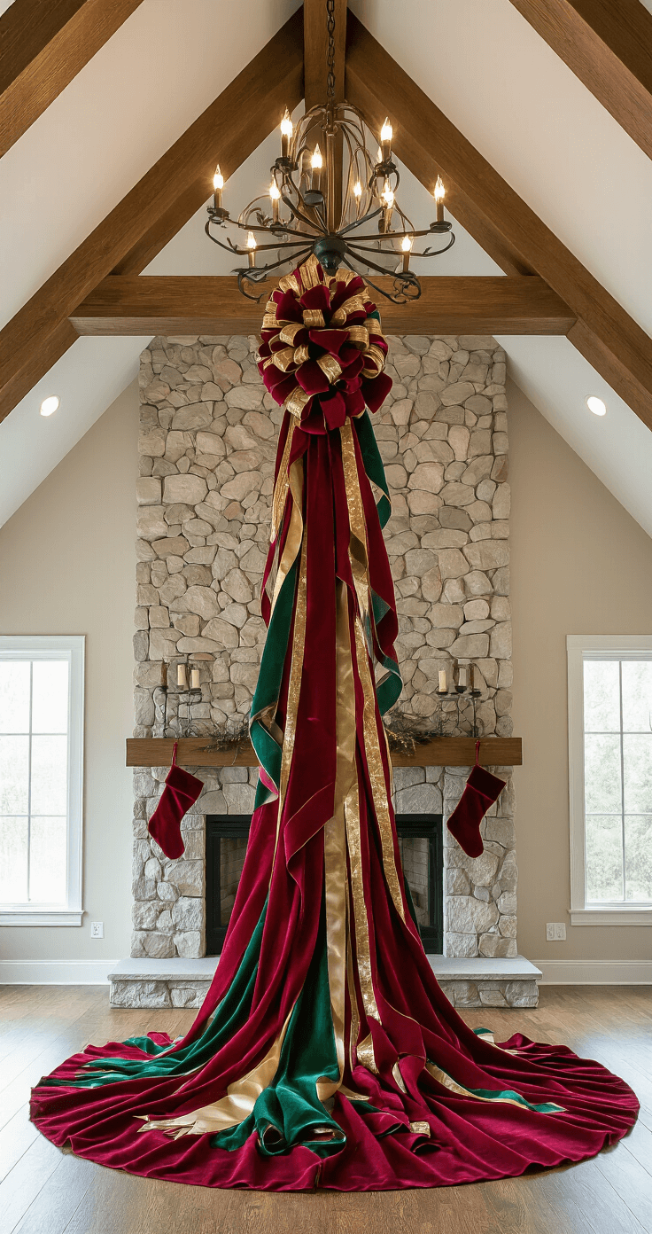 Christmas Tree Trends 2025: Unleash Your Festive Creativity A dramatic great room featuring a 15ft cathedral ceiling with exposed wooden beams, showcasing a 12ft noble fir Christmas tree decorated with ruby, emerald, and gold striped ribbons cascading down, accented by oversized burgundy velvet bows. Soft light from an iron chandelier highlights the ribbons' textures, while a stone fireplace adorned with stockings serves as a backdrop. The low-angle shot emphasizes the height of the tree and the flowing ribbons.