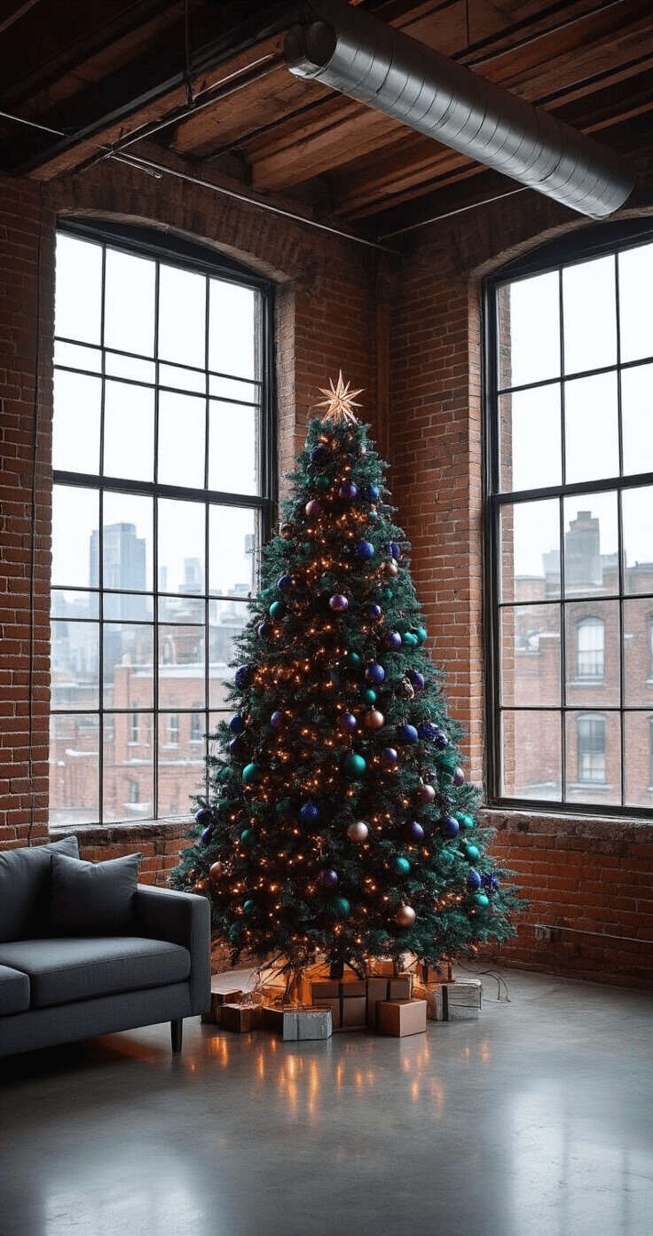 Christmas Tree Trends 2025: Unleash Your Festive Creativity A modern industrial loft featuring exposed brick walls and polished concrete floors, decorated with a flocked tree in rich jewel tones and copper wire fairy lights, complemented by minimalist charcoal grey furniture and large factory windows showcasing a cityscape.