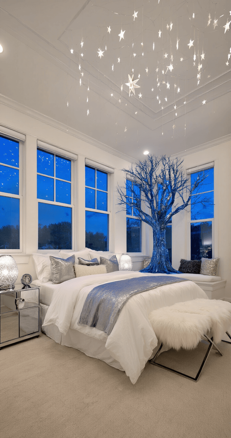 Magical Christmas Decor Ideas for 2025: Transform Your Home into a Festive Wonderland A luxurious master bedroom featuring a tray ceiling and bay windows adorned with blue hour lighting. The space includes a character-themed Star Wars tree in silver and blue positioned in a cozy reading nook. The bed is dressed with white bedding, metallic throws, and faux fur pillows, while a constellation of hanging star lights creates a dreamy canopy effect. Polished chrome and glass side tables with modern mercury glass lamps complete the elegant decor, all captured from the doorway.