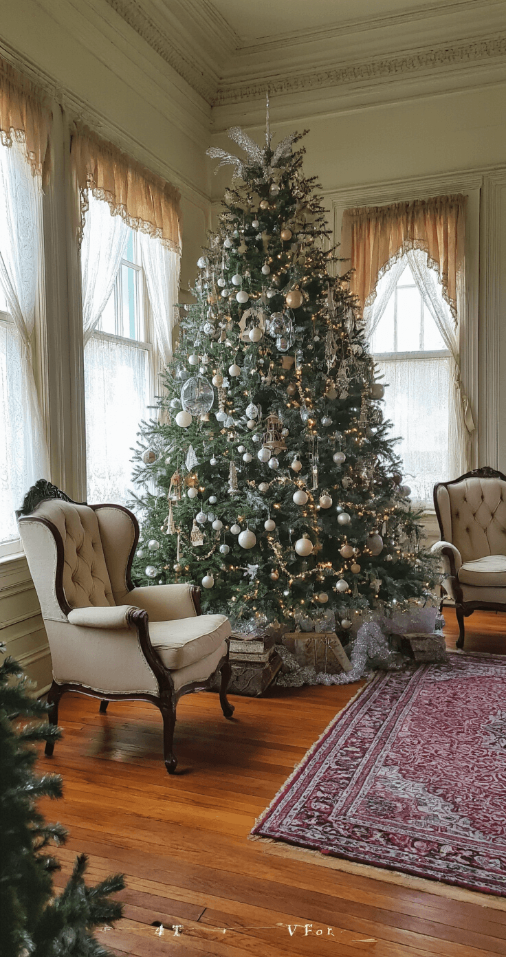 Christmas Tree Trends 2025: Unleash Your Festive Creativity A vintage Victorian-era parlor featuring original hardwood floors and ornate molding, showcasing a decorated spruce tree with inherited glass ornaments, silvery tinsel, and bubble lights, surrounded by antique furnishings and a Persian rug, with soft afternoon light filtering through lace curtains.