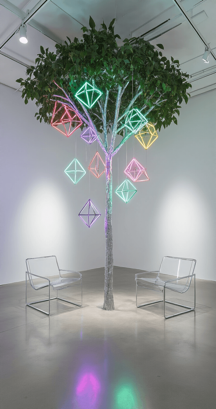 Christmas Tree Trends 2025: Unleash Your Festive Creativity A stark white gallery space featuring polished concrete floors and a 6ft inverted tree suspended from the ceiling, decorated with neon-colored geometric LED ornaments, surrounded by chrome and acrylic furniture, all highlighted by dramatic spotlights from below.