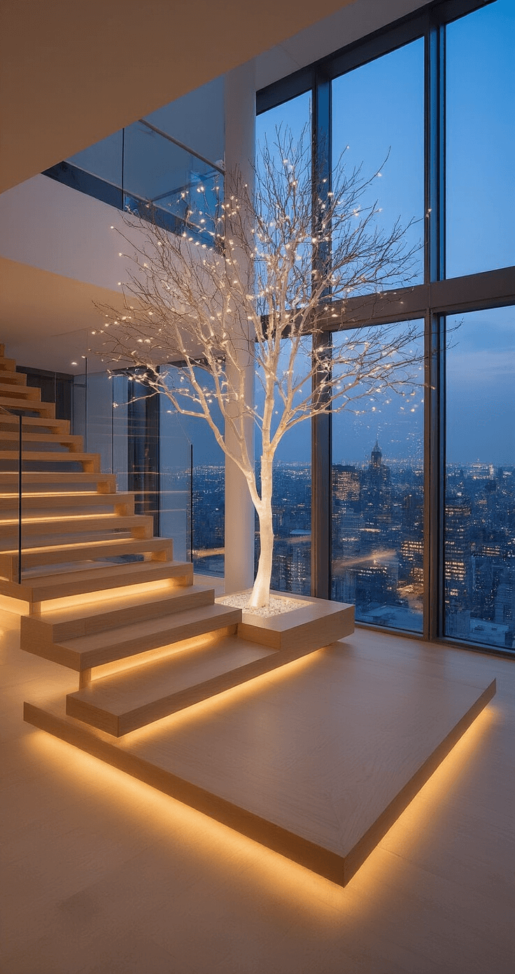 Christmas Tree Trends 2025: Unleash Your Festive Creativity Minimalist penthouse interior featuring a sleek open concept layout with floor-to-ceiling windows, a 7ft white artificial tree with warm LED lights, floating oak staircase, and modernist neutral-toned furniture, all illuminated in dusk lighting for a blue hour ambiance.