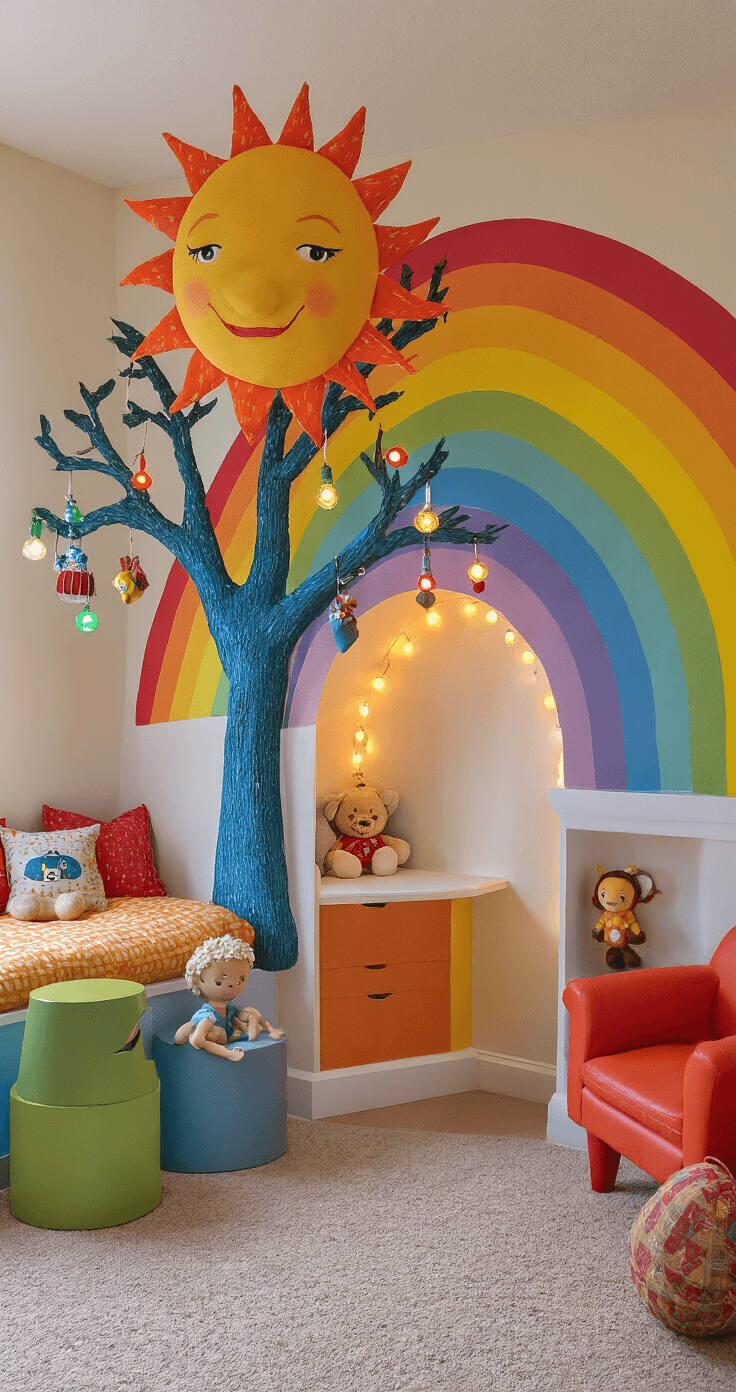 Christmas Tree Trends 2025: Unleash Your Festive Creativity Cozy children's bedroom featuring a rainbow-striped accent wall and a 6ft colorful tree with oversized sun decoration, adorned with character ornaments and LED lights, alongside a custom reading nook with twinkle lights; vibrant primary-colored furniture and warm lighting create a whimsical atmosphere.