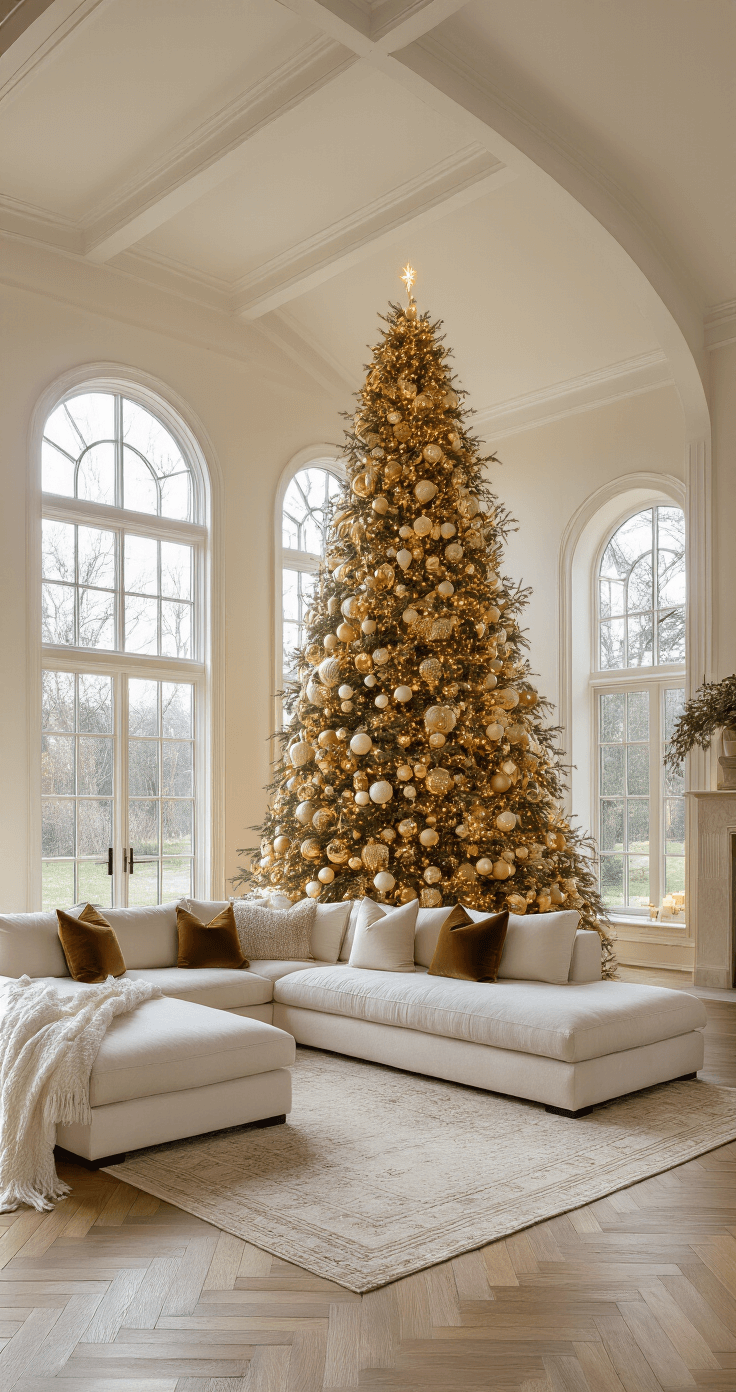 Magical Christmas Tree Decor Ideas for 2025: Your Ultimate Styling Guide A luxurious living room decorated for Christmas, featuring a large noble fir tree in a bay window, adorned with metallic gold and cream ornaments, ribbon, and warm white lights, under a 20-foot vaulted ceiling. The space showcases Venetian plaster walls, herringbone hardwood floors, and a silk Persian rug, illuminated by natural light from floor-to-ceiling windows. A plush cream sectional with velvet pillows completes the elegant scene.
