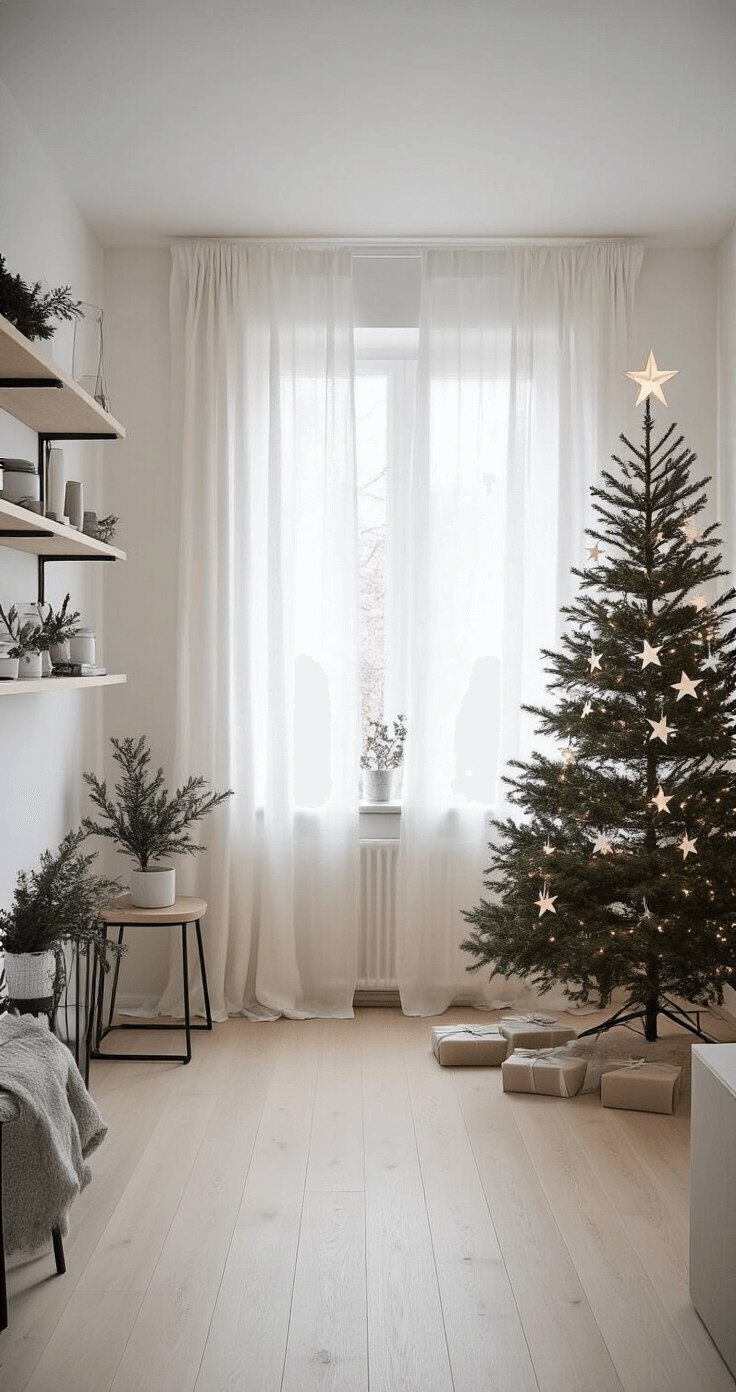 Magical Christmas Tree Decor Ideas for 2025: Your Ultimate Styling Guide Minimalist Scandinavian Christmas living space featuring whitewashed walls, pale oak floors, and a 7-foot wooden frame tree decorated with white paper stars and warm LED lights, captured with morning light streaming through sheer linen curtains.