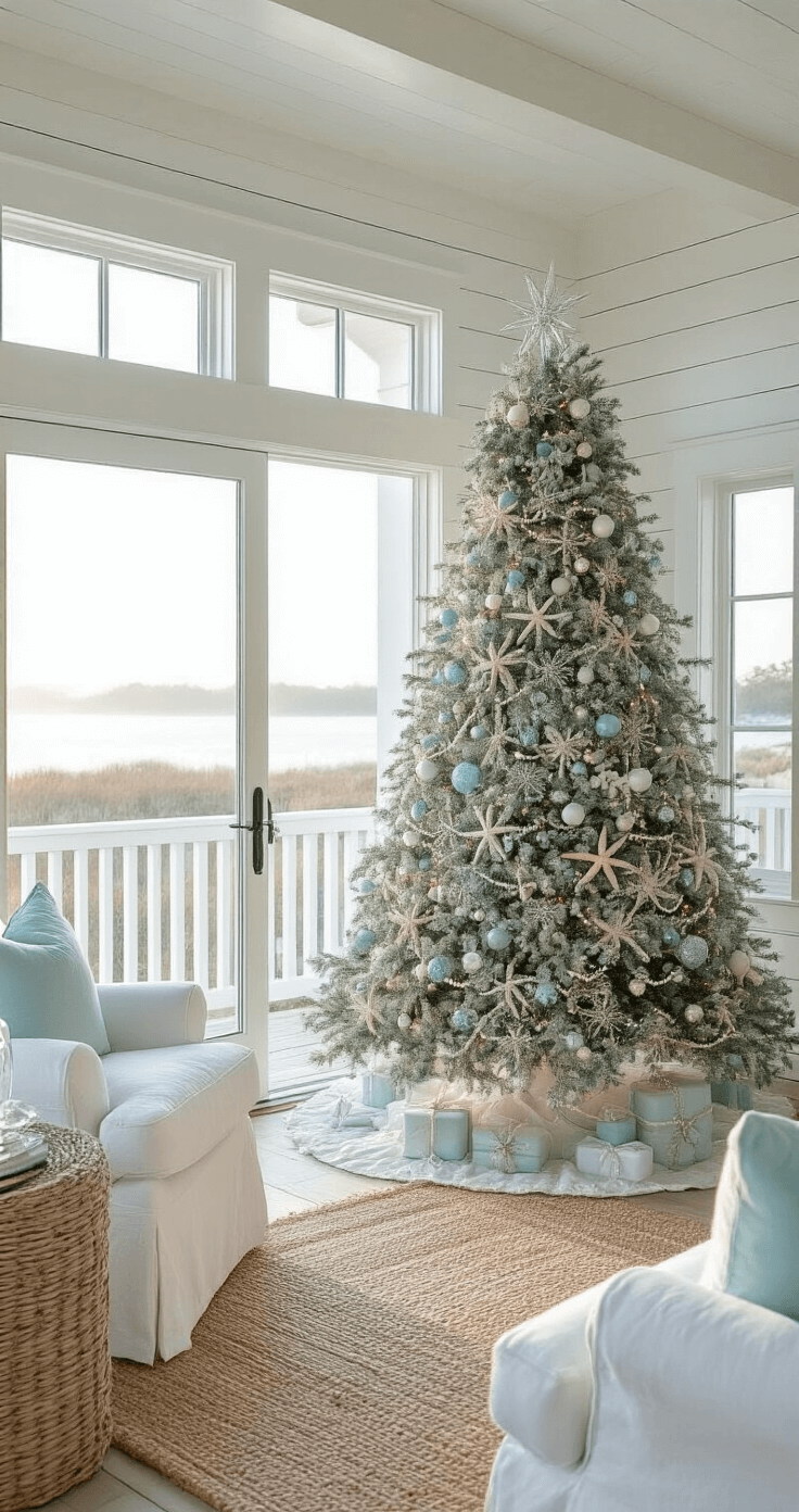 Magical Christmas Tree Decor Ideas for 2025: Your Ultimate Styling Guide A serene coastal Christmas scene featuring a 600 sq ft great room with shiplap walls and a coffered ceiling, showcasing an 8-foot flocked tree adorned in sea glass colors, starfish, and pearl garlands, viewed through French doors at sunrise with morning mist, complemented by white slipcovered furniture, jute rugs, and driftwood accents in pale blue and seafoam green tones.